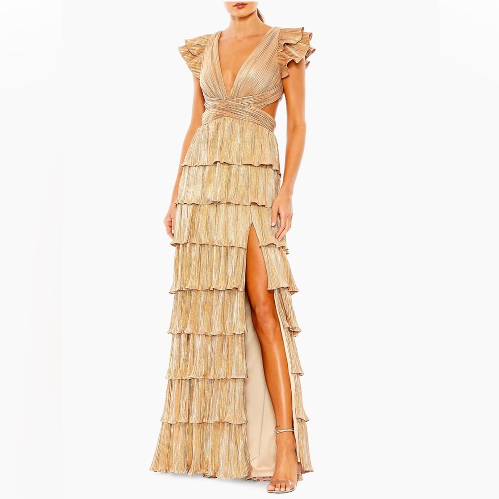 Mac Duggal Gold Ruffled Maxi Dress